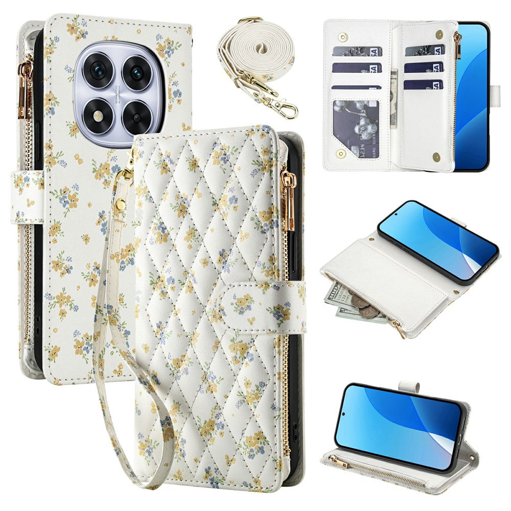 Leather Case For Xiaomi Redmi Note 14 Pro 5G  /  Poco X7 5G  /  Redmi Note 14 Pro+ 5G Rhombic Floral Pattern Zipper Wallet Phone Cover with Wrist Strap   /   Shoulder Strap