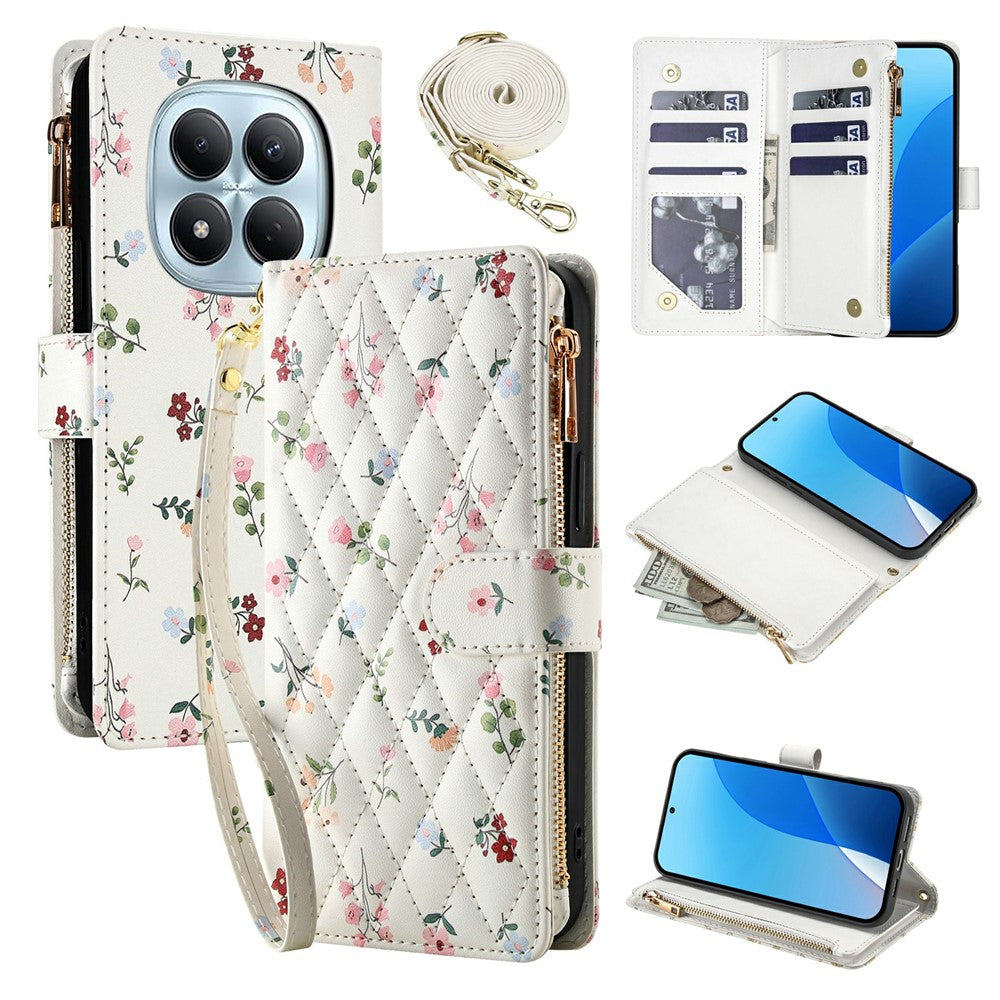For Xiaomi Redmi Note 15 Pro 4G (Global) Leather Case with Wrist Strap   /   Shoulder Strap Rhombic Floral Pattern Zipper Wallet Phone Cover