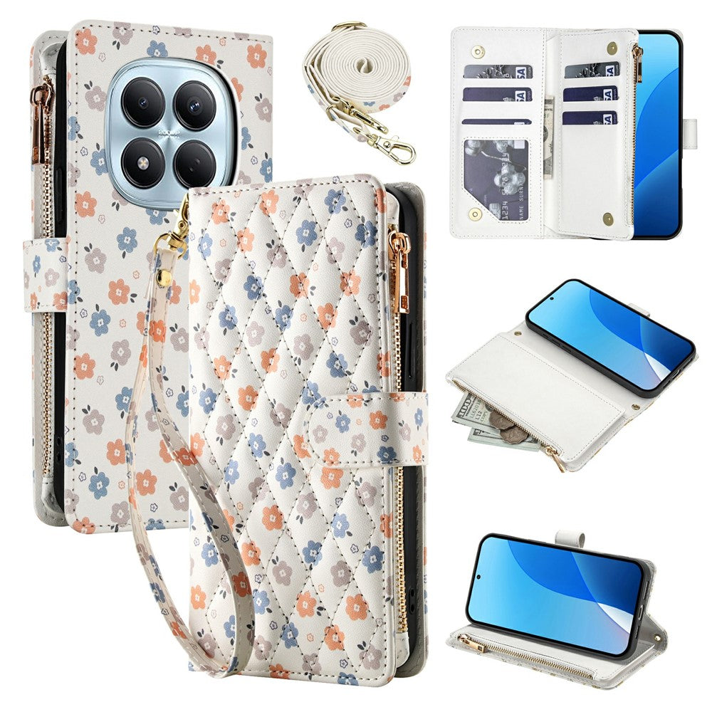 Leather Case For Xiaomi Redmi Note 15 4G (Global)  /  Redmi Note 15 5G (Global)  /  Poco M8 5G Rhombic Floral Pattern Zipper Wallet Phone Cover with Wrist Strap   /   Shoulder Strap