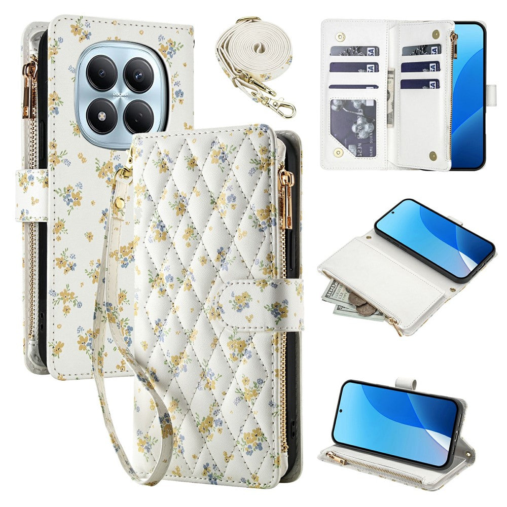 Leather Case For Xiaomi Redmi Note 15 4G (Global)  /  Redmi Note 15 5G (Global)  /  Poco M8 5G Rhombic Floral Pattern Zipper Wallet Phone Cover with Wrist Strap   /   Shoulder Strap
