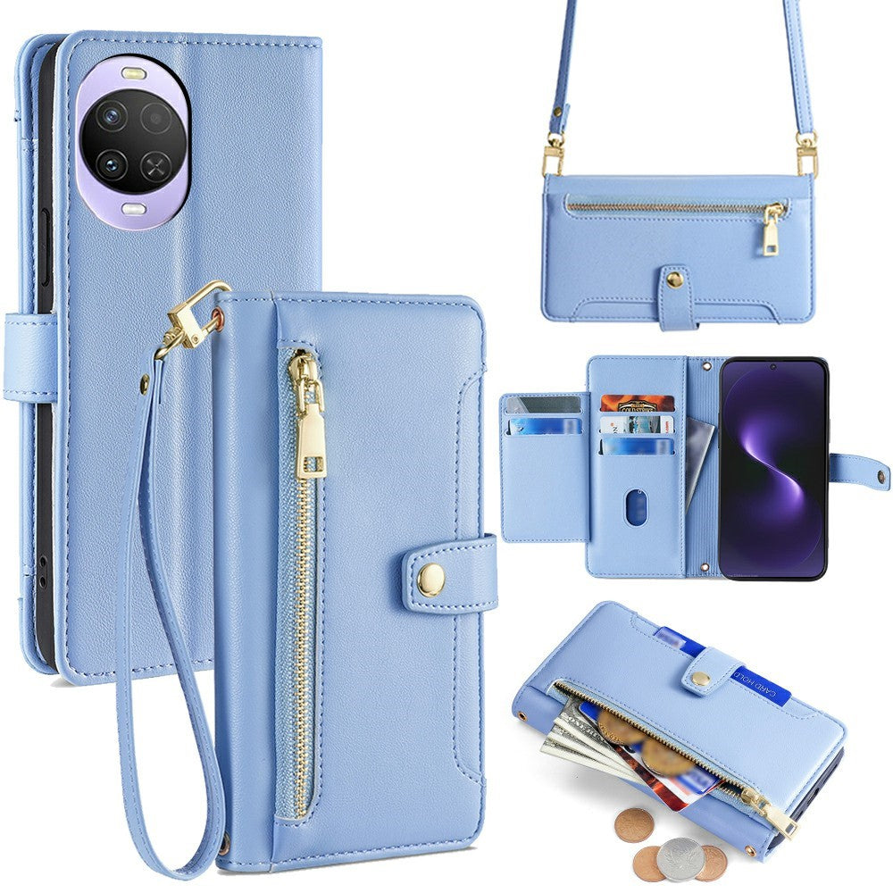 For Huawei nova 15 5G Leather Case Zipper Pocket Wallet Phone Cover with 2 Straps