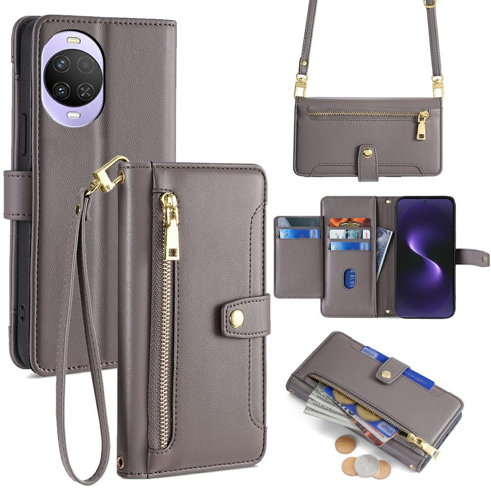 For Huawei nova 15 5G Leather Case Zipper Pocket Wallet Phone Cover with 2 Straps