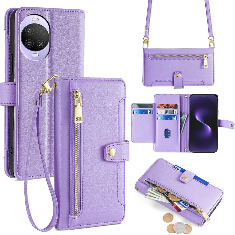 For Huawei nova 15 5G Leather Case Zipper Pocket Wallet Phone Cover with 2 Straps