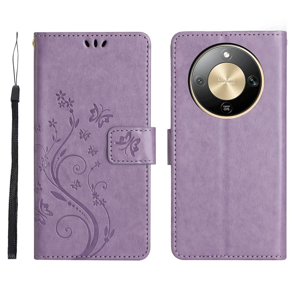 For Honor X70 5G  /  X9d 5G  /  Magic8 Lite 5G Leather Wallet Case Butterfly Flower Imprinted Phone Cover with Strap