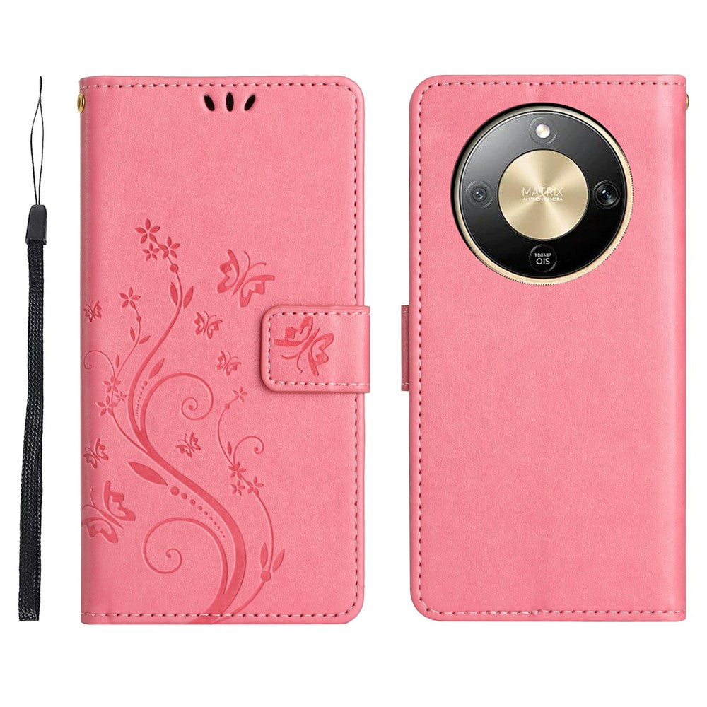 For Honor X70 5G  /  X9d 5G  /  Magic8 Lite 5G Leather Wallet Case Butterfly Flower Imprinted Phone Cover with Strap