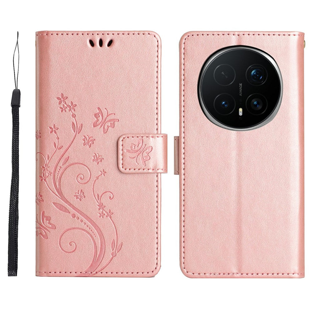 For Honor Magic8 Pro 5G Leather Wallet Case Butterfly Flower Imprinted Phone Cover with Strap