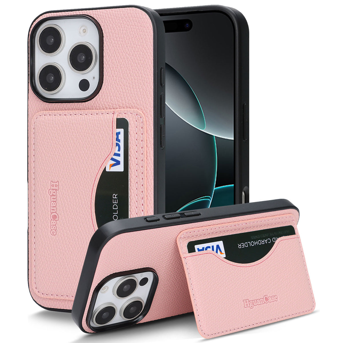 HGUANCASE iPhone 15 Pro Vintageskal i Läder med Korthållare - Rosa