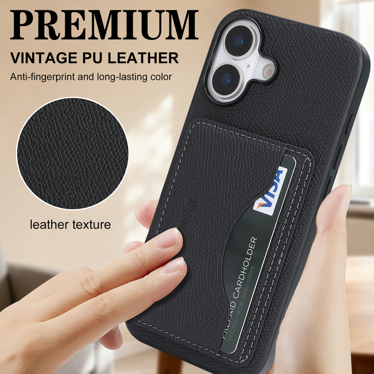 HGUANCASE iPhone 17 Vintageskal i Läder med Korthållare - Svart