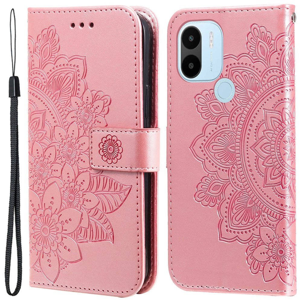 Xiaomi Redmi A1+ 4G / A2+ 4G / Poco C50 4G (med fingeraftrykshul), PU-læder-pung-etui med magnetlukning og trykt blomstermønster, stativ, fuld beskyttelse, foldbart etui med rem
