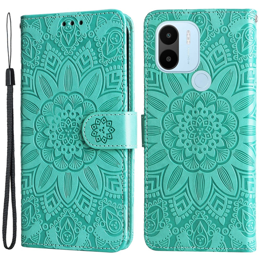 For Xiaomi Redmi A1+ 4G / A2+ 4G / Poco C50 4G PU Leather Sunflower Imprinted Phone Case Overall Coverage Magnetic Closure Stand Flip Cover with Wrist Strap