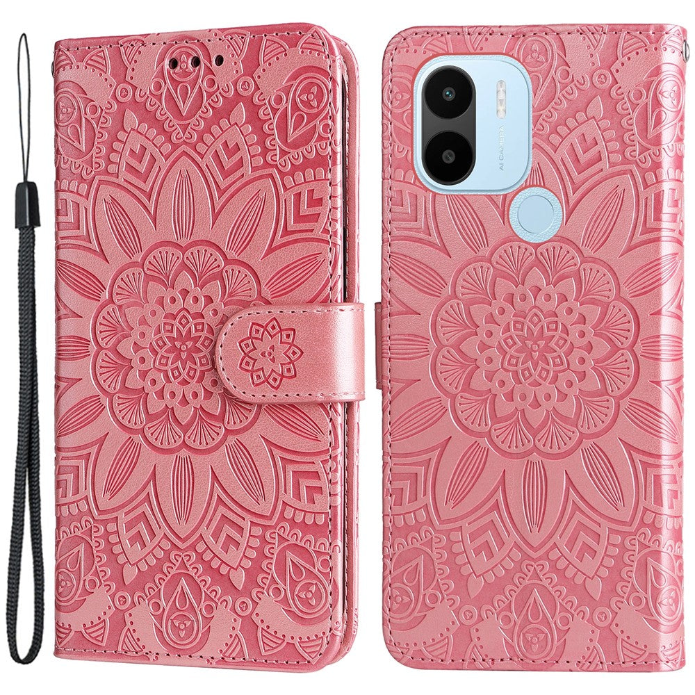 For Xiaomi Redmi A1+ 4G / A2+ 4G / Poco C50 4G PU Leather Sunflower Imprinted Phone Case Overall Coverage Magnetic Closure Stand Flip Cover with Wrist Strap