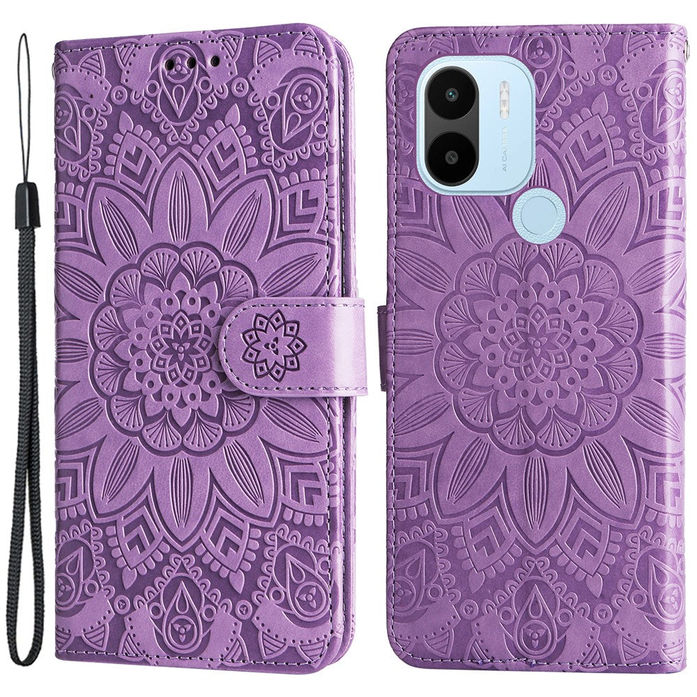 For Xiaomi Redmi A1+ 4G / A2+ 4G / Poco C50 4G PU Leather Sunflower Imprinted Phone Case Overall Coverage Magnetic Closure Stand Flip Cover with Wrist Strap