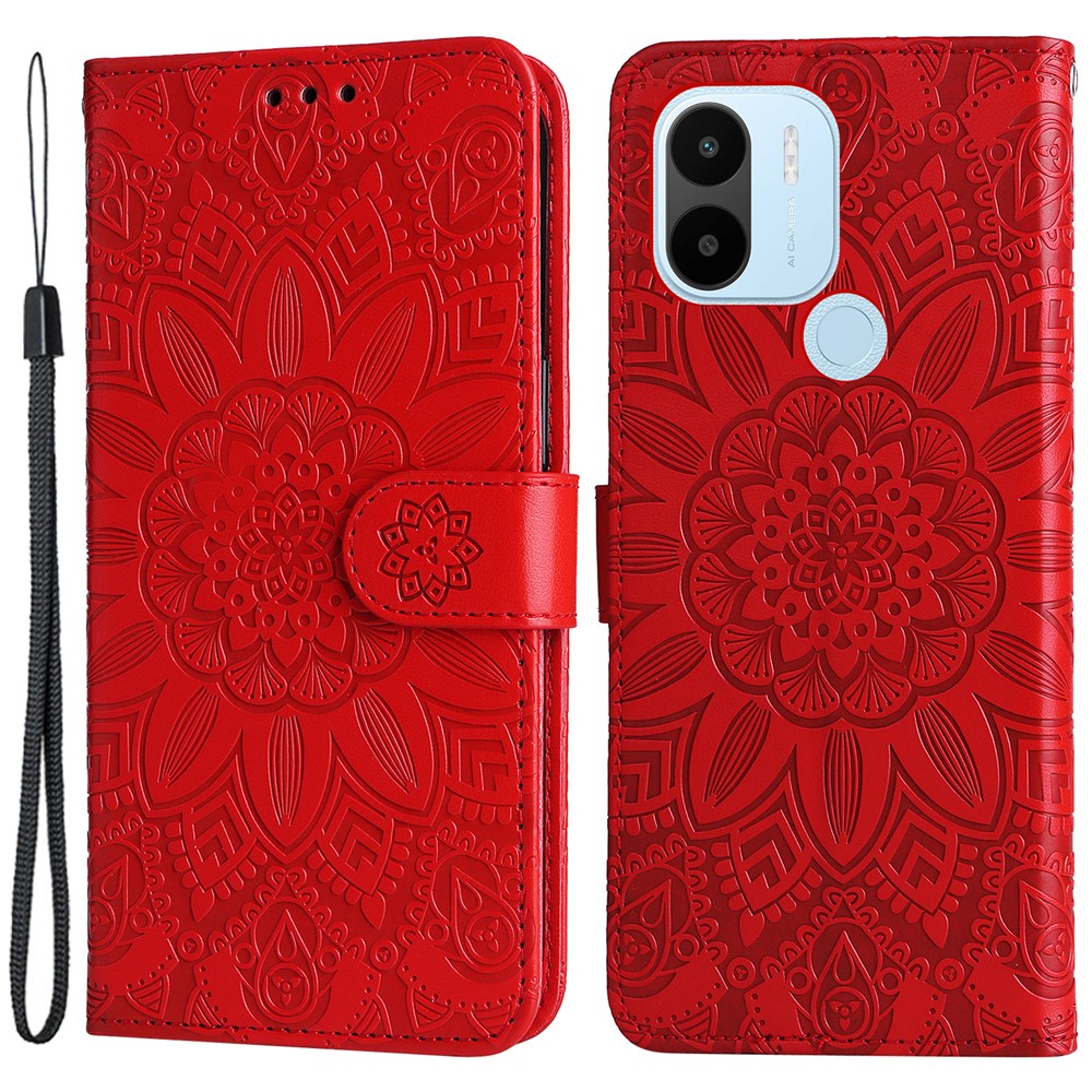 For Xiaomi Redmi A1+ 4G / A2+ 4G / Poco C50 4G PU Leather Sunflower Imprinted Phone Case Overall Coverage Magnetic Closure Stand Flip Cover with Wrist Strap