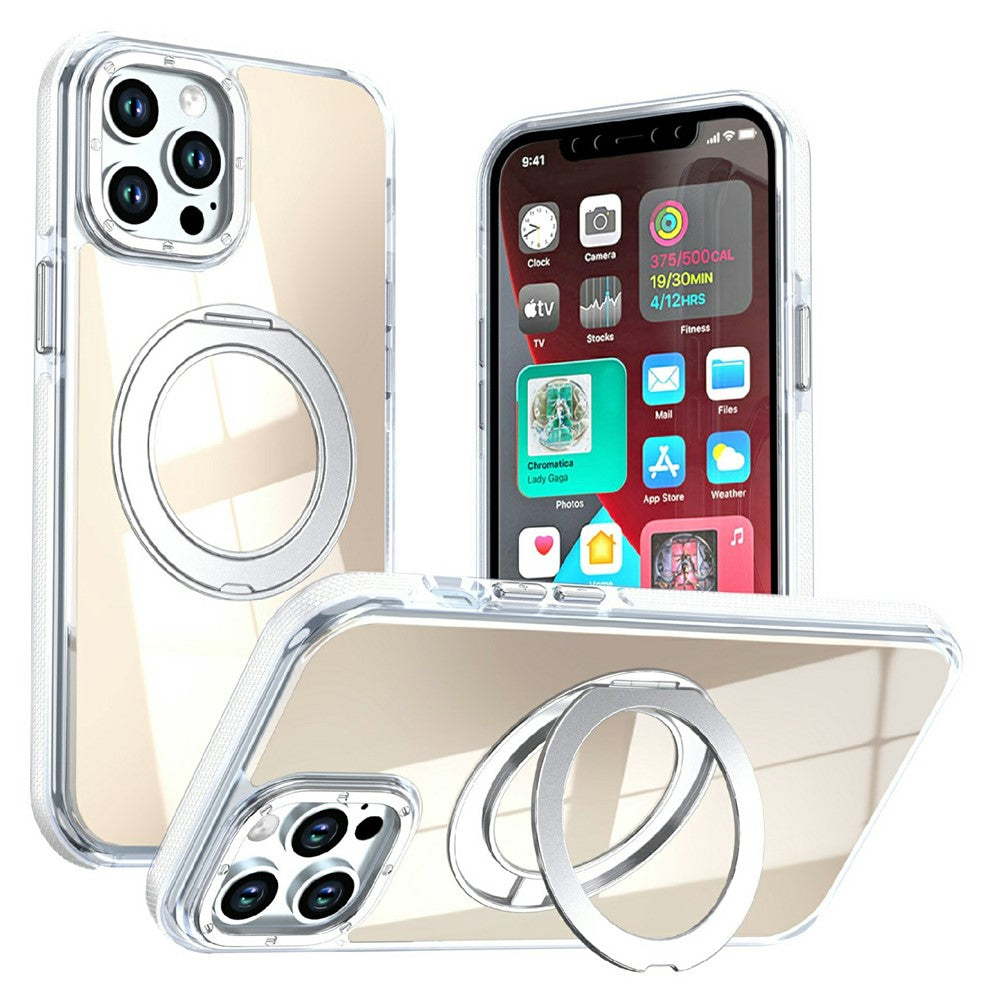 For iPhone 12 Pro Max Magnetic Case Fluorescent Design TPU Acrylic Phone Back Cover with 360° Rotating Kickstand
