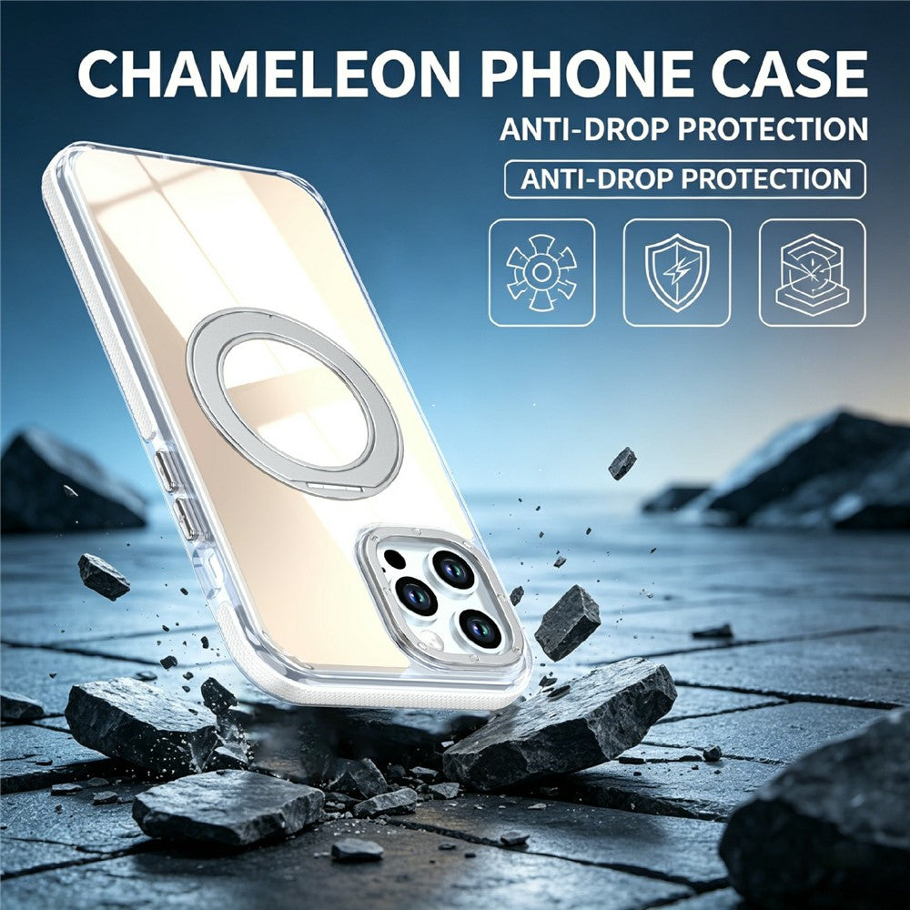 For iPhone 12 Pro Max Magnetic Case Fluorescent Design TPU Acrylic Phone Back Cover with 360° Rotating Kickstand