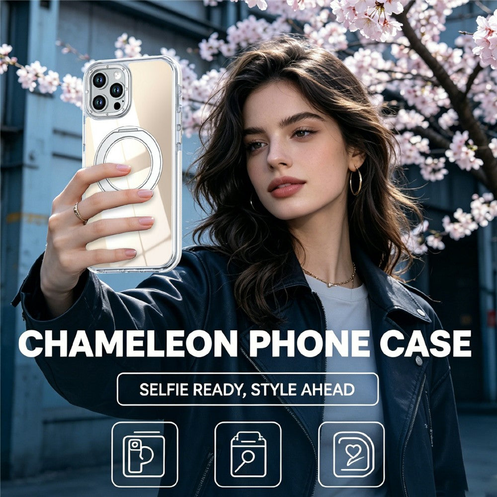For iPhone 12 Pro Max Magnetic Case Fluorescent Design TPU Acrylic Phone Back Cover with 360° Rotating Kickstand