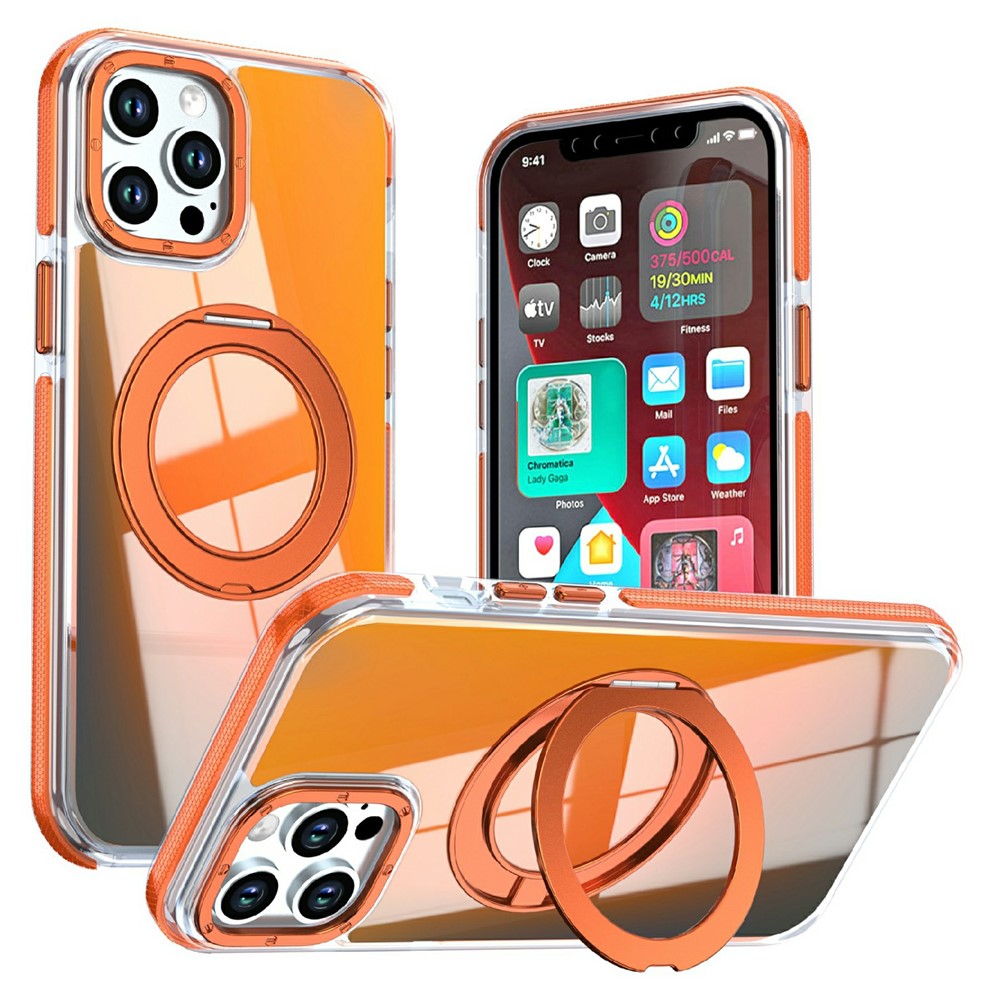 For iPhone 12 Pro Max Magnetic Case Fluorescent Design TPU Acrylic Phone Back Cover with 360° Rotating Kickstand