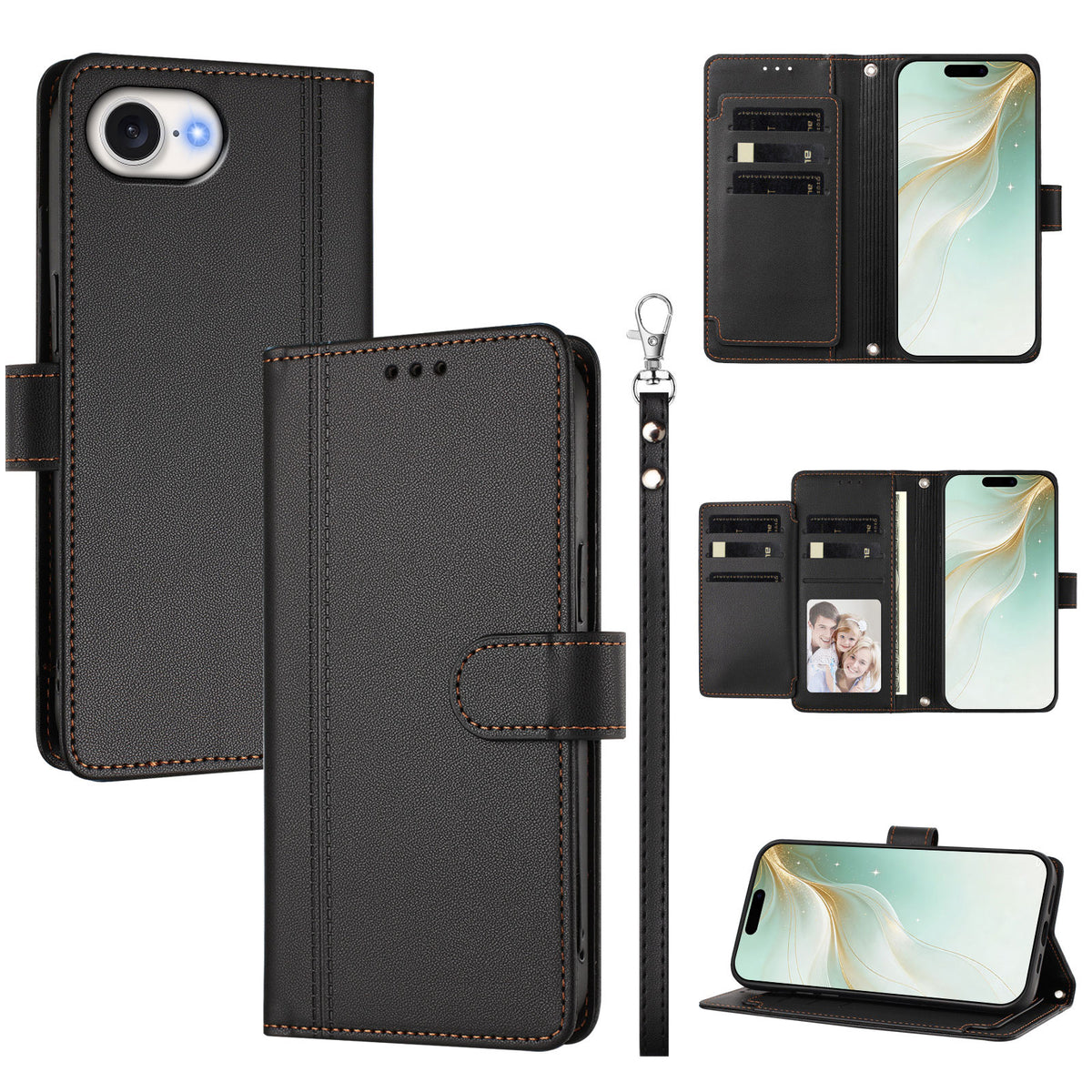For iPhone 16e / iPhone 17e Case 9 Card Slots PU Leather Flip Wallet Phone Cover with Hand Strap