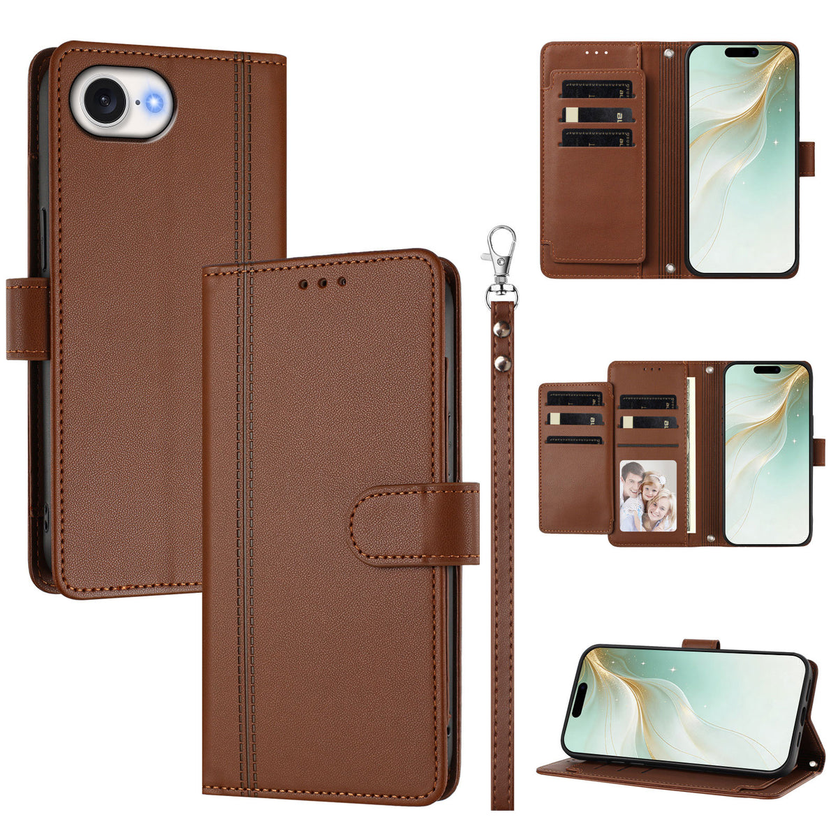 For iPhone 16e / iPhone 17e Case 9 Card Slots PU Leather Flip Wallet Phone Cover with Hand Strap
