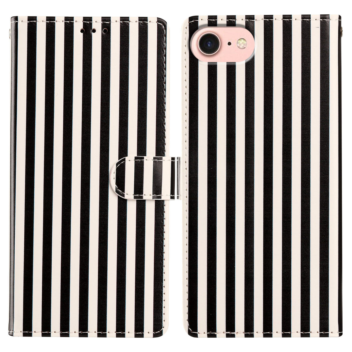 For iPhone 16e / iPhone 17e Wallet Case Vintage Stripes Leather Stand Flip Phone Cover with Wrist Strap