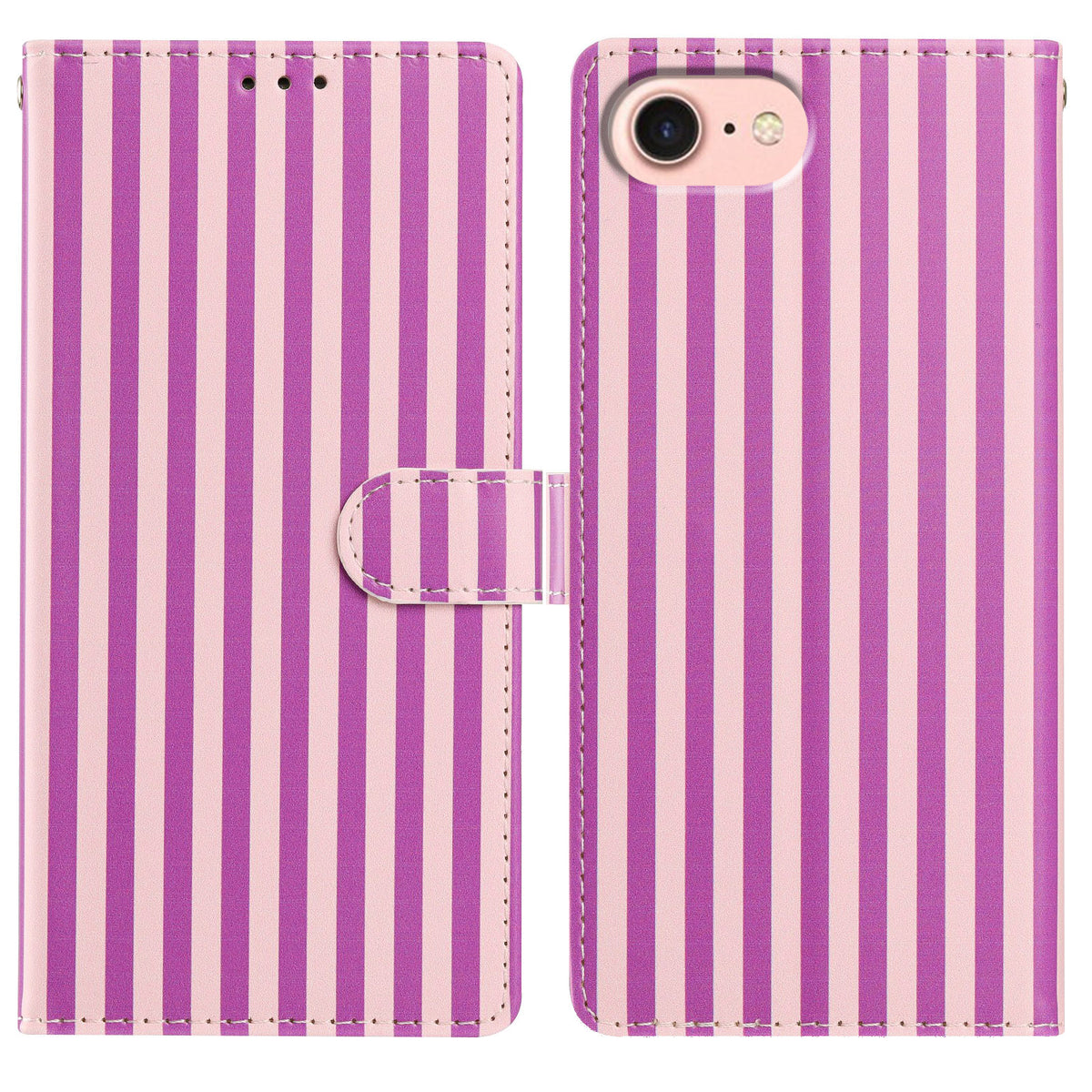 For iPhone 16e / iPhone 17e Wallet Case Vintage Stripes Leather Stand Flip Phone Cover with Wrist Strap