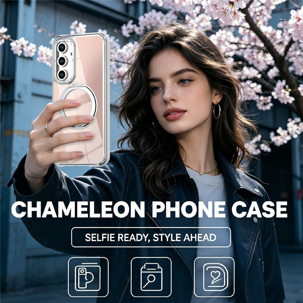 Til Samsung Galaxy S24 FE Magnetisk Cover Fluorescerende Design TPU Akryl Telefon Bagcover med 360° Roterende Støtteben