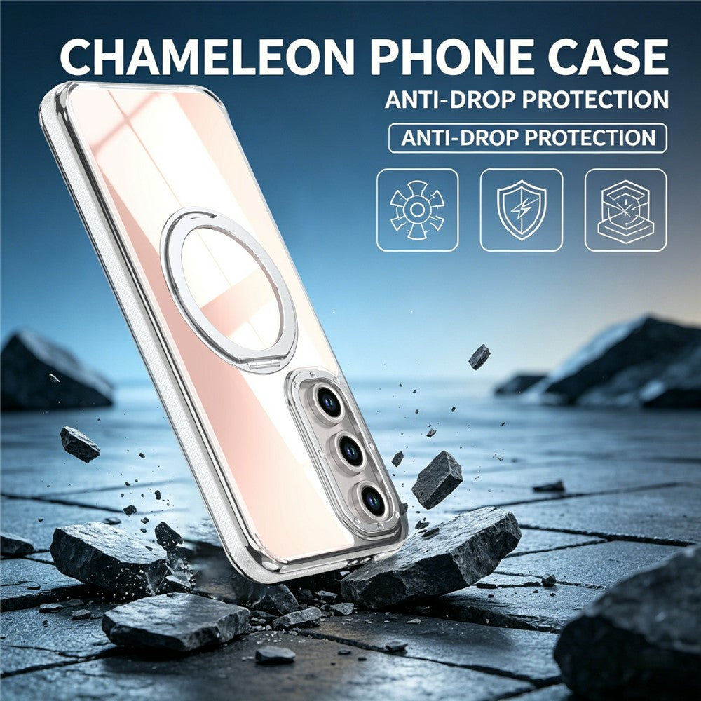 Til Samsung Galaxy S24 FE Magnetisk Cover Fluorescerende Design TPU Akryl Telefon Bagcover med 360° Roterende Støtteben