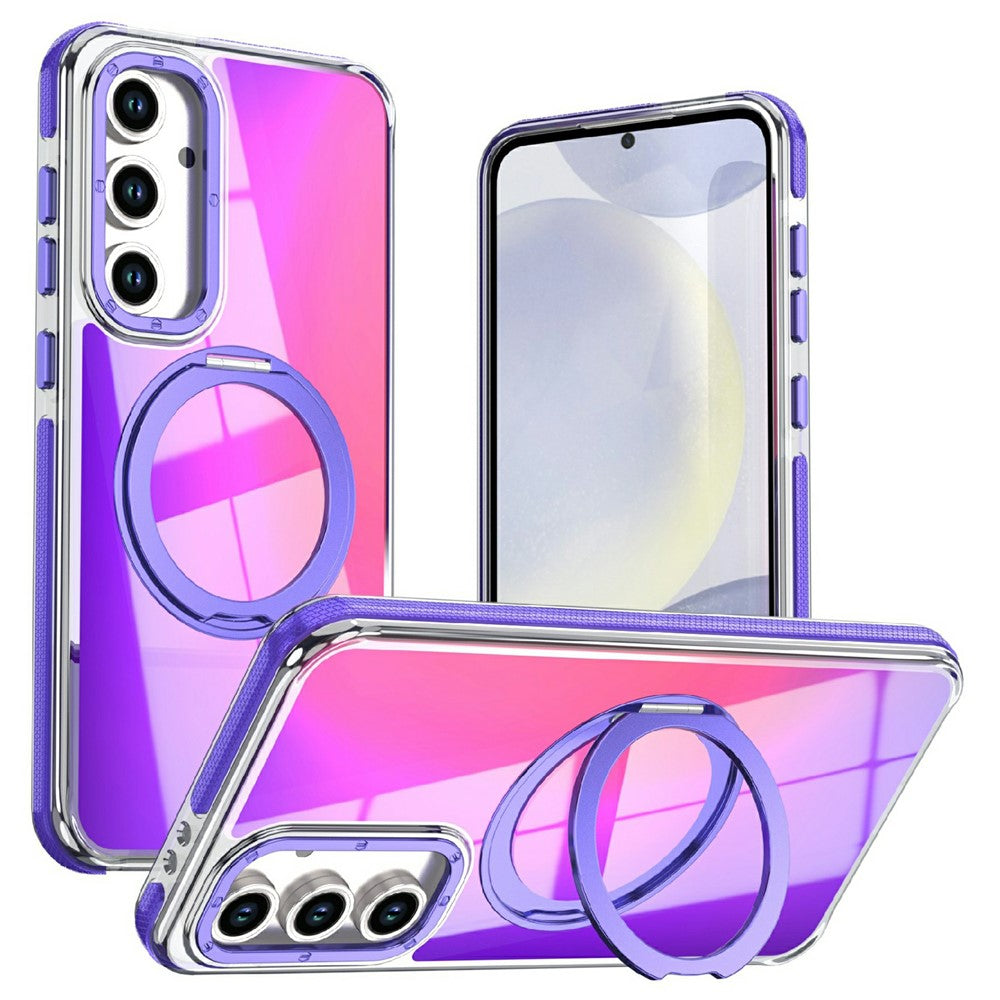 Til Samsung Galaxy S24 FE Magnetisk Cover Fluorescerende Design TPU Akryl Telefon Bagcover med 360° Roterende Støtteben