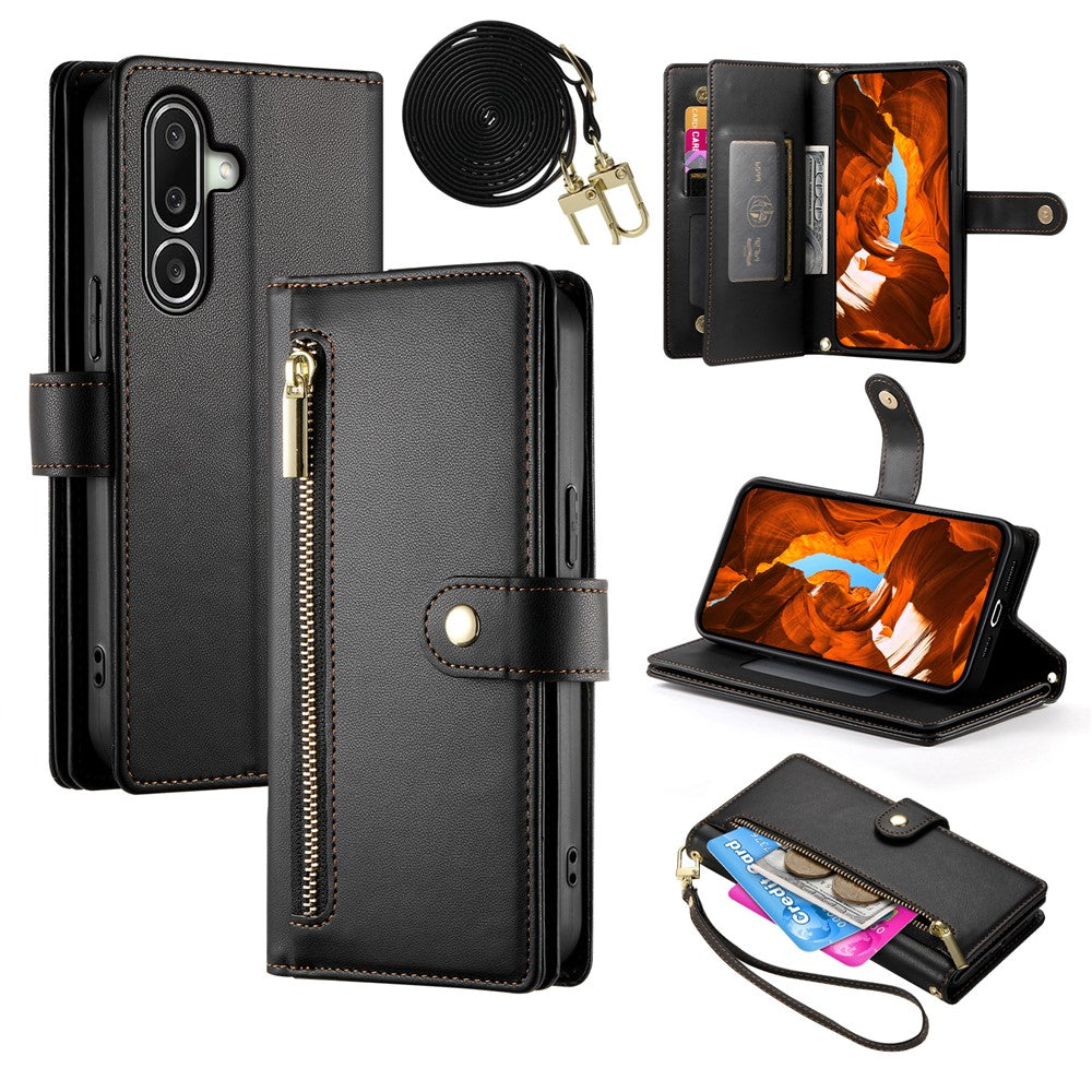 For Samsung Galaxy A27 5G Leather Case Zipper Pocket Wallet Phone Cover with Straps