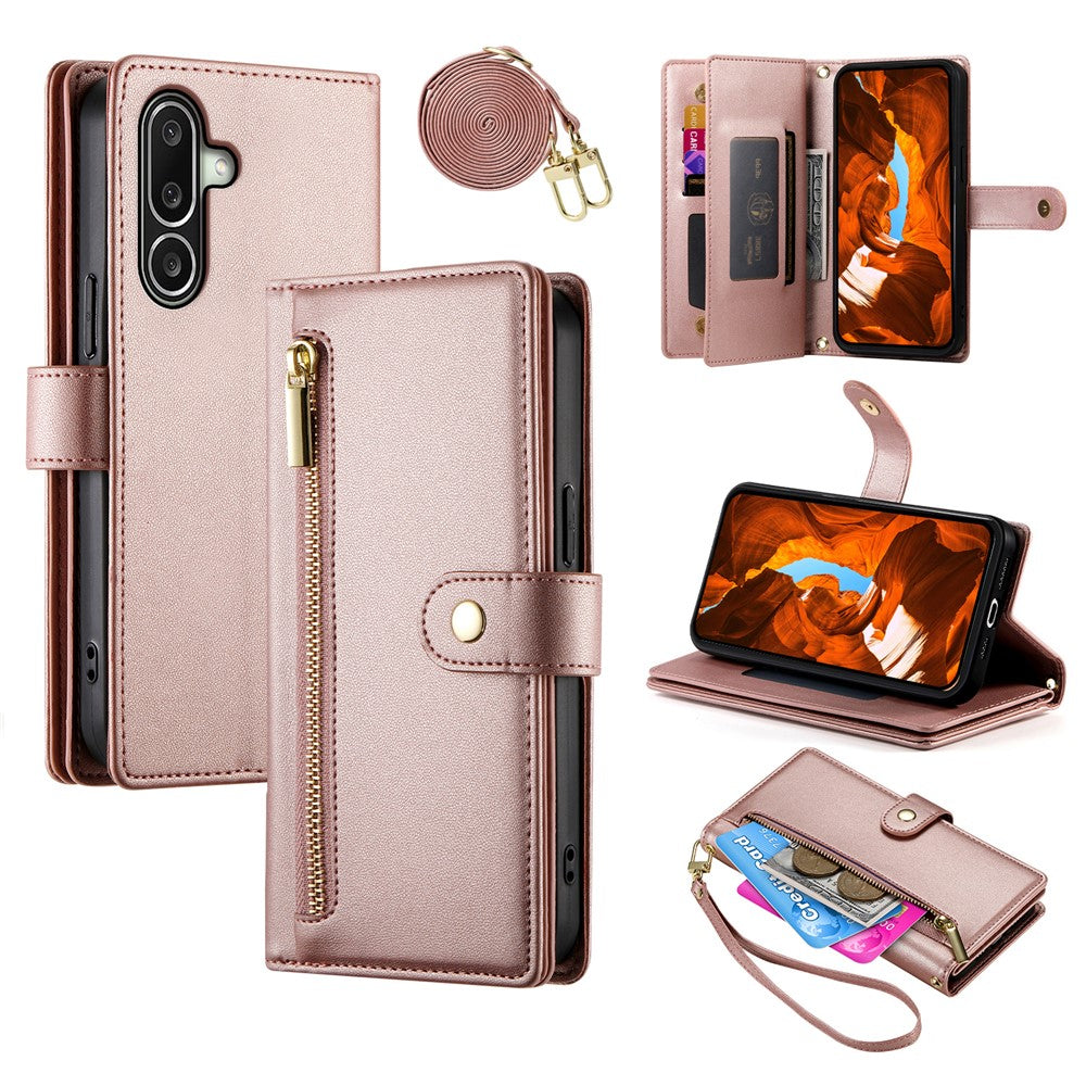 For Samsung Galaxy A27 5G Leather Case Zipper Pocket Wallet Phone Cover with Straps