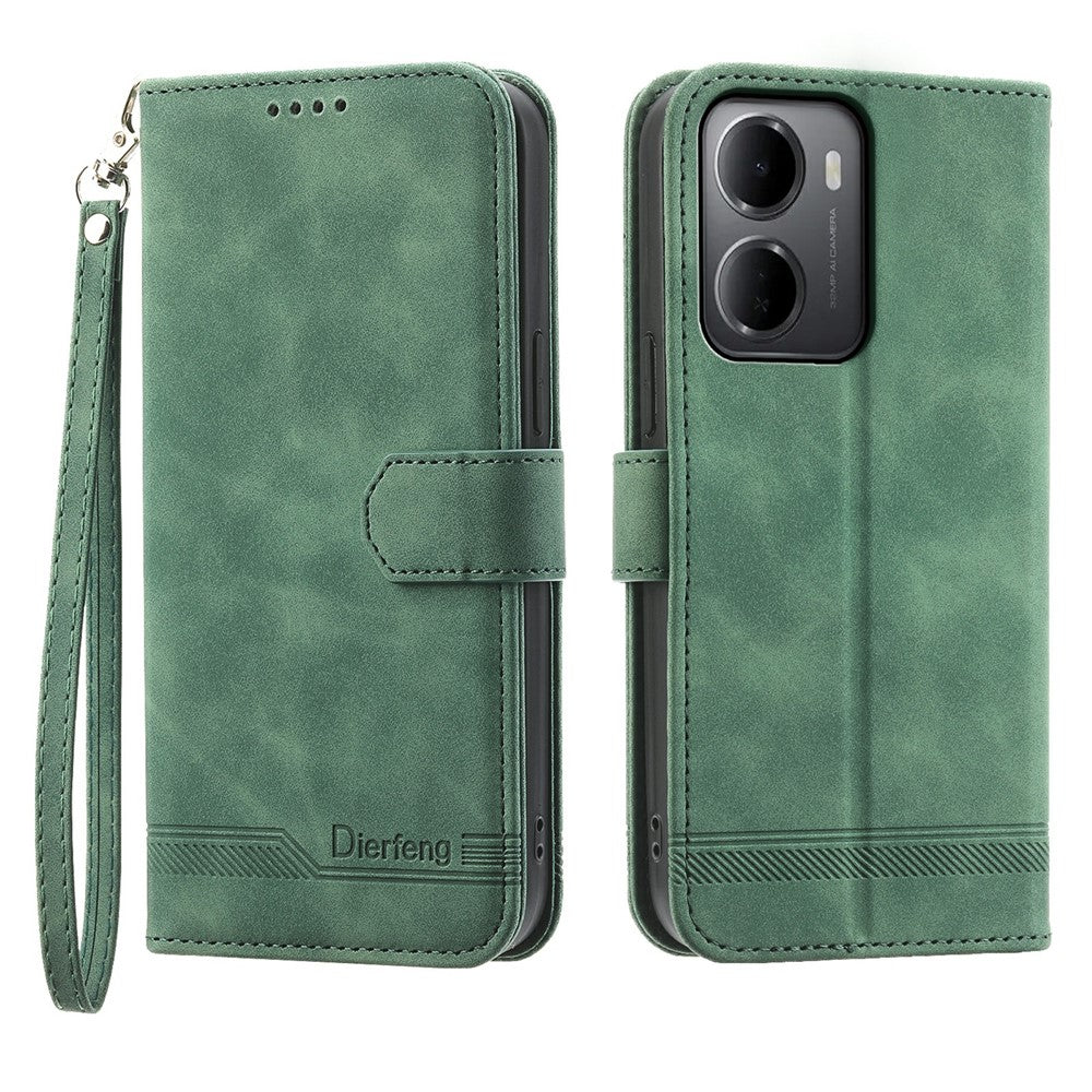 DIERFENG DF-03 For Xiaomi Redmi 15a 5G Leather Case Lines Imprint Wallet Phone Cover with Wrist Strap