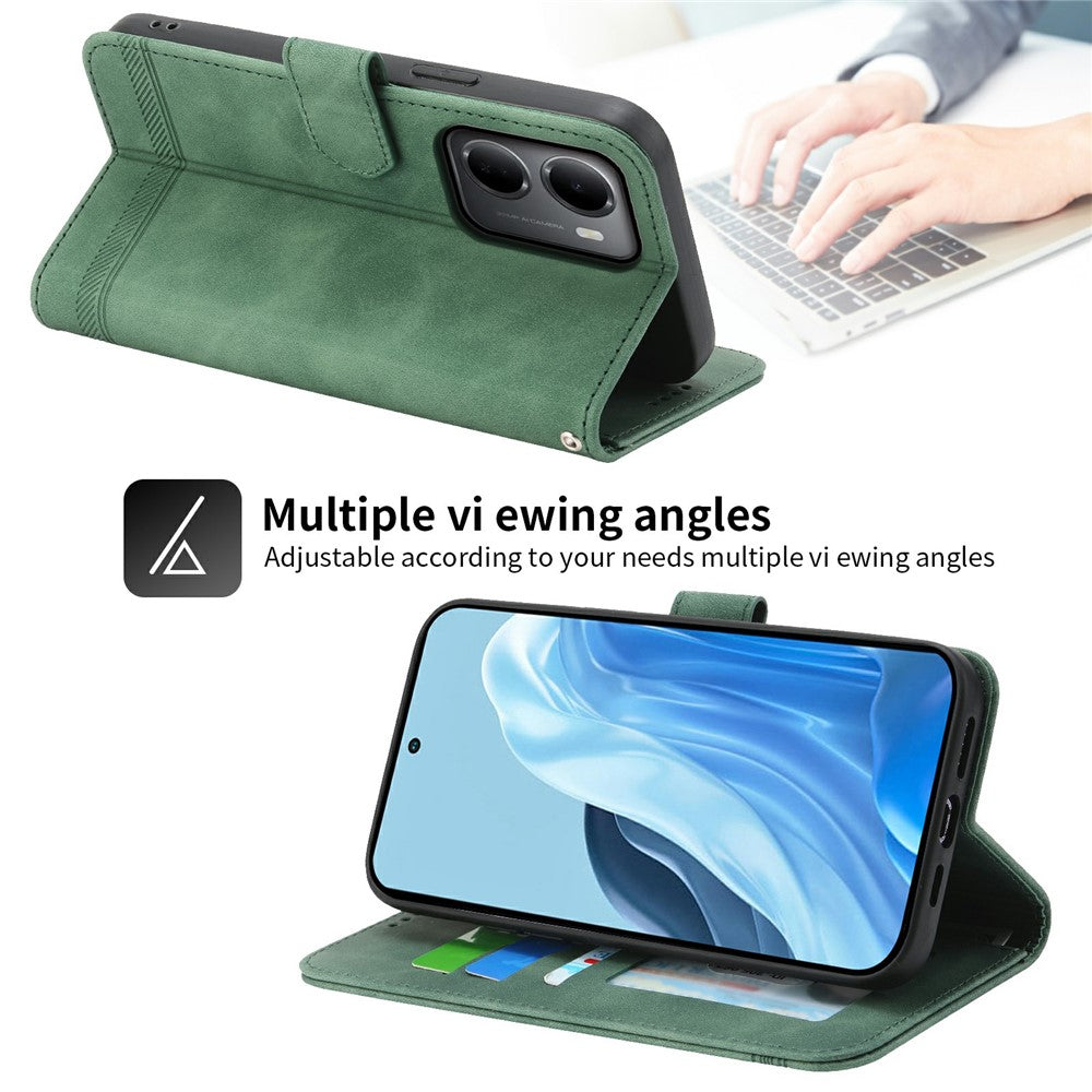 DIERFENG DF-03 For Xiaomi Redmi 15a 5G Leather Case Lines Imprint Wallet Phone Cover with Wrist Strap