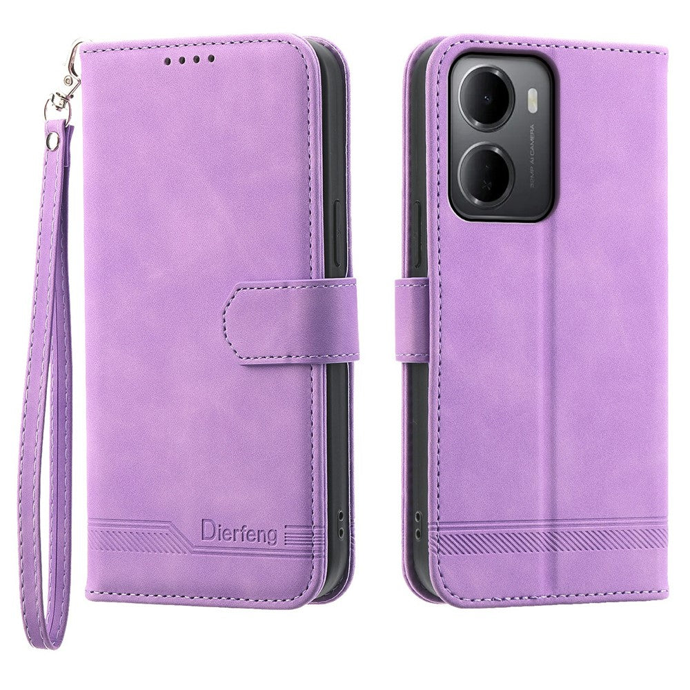 DIERFENG DF-03 For Xiaomi Redmi 15a 5G Leather Case Lines Imprint Wallet Phone Cover with Wrist Strap