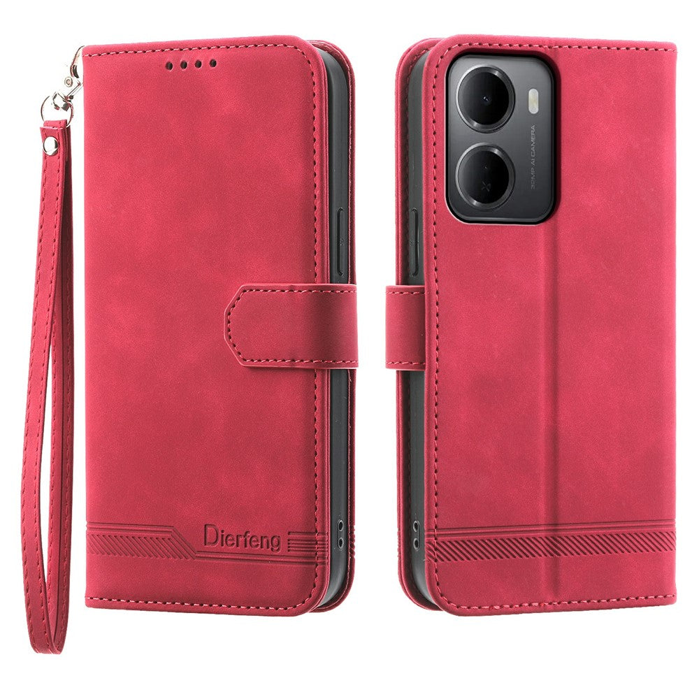DIERFENG DF-03 For Xiaomi Redmi 15a 5G Leather Case Lines Imprint Wallet Phone Cover with Wrist Strap