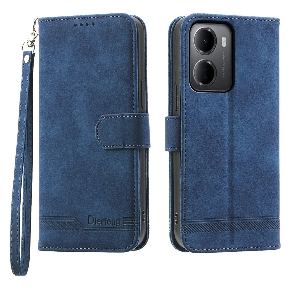 DIERFENG DF-03 For Xiaomi Redmi 15a 5G Leather Case Lines Imprint Wallet Phone Cover with Wrist Strap