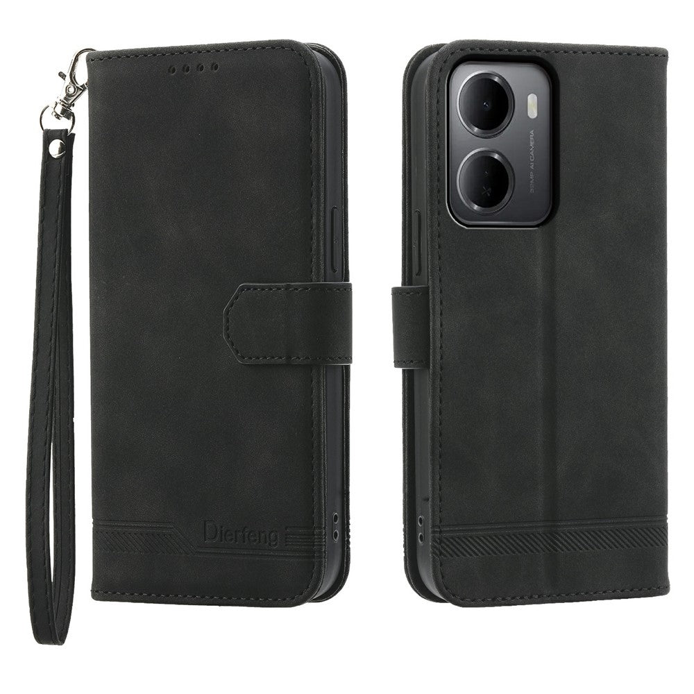 DIERFENG DF-03 For Xiaomi Redmi 15a 5G Leather Case Lines Imprint Wallet Phone Cover with Wrist Strap