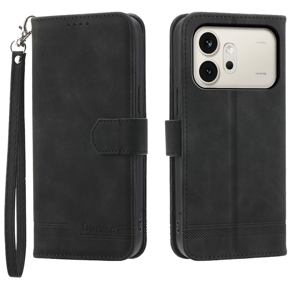 DIERFENG DF-03 For Honor 600 5G Leather Case Lines Imprint Wallet Phone Cover with Wrist Strap