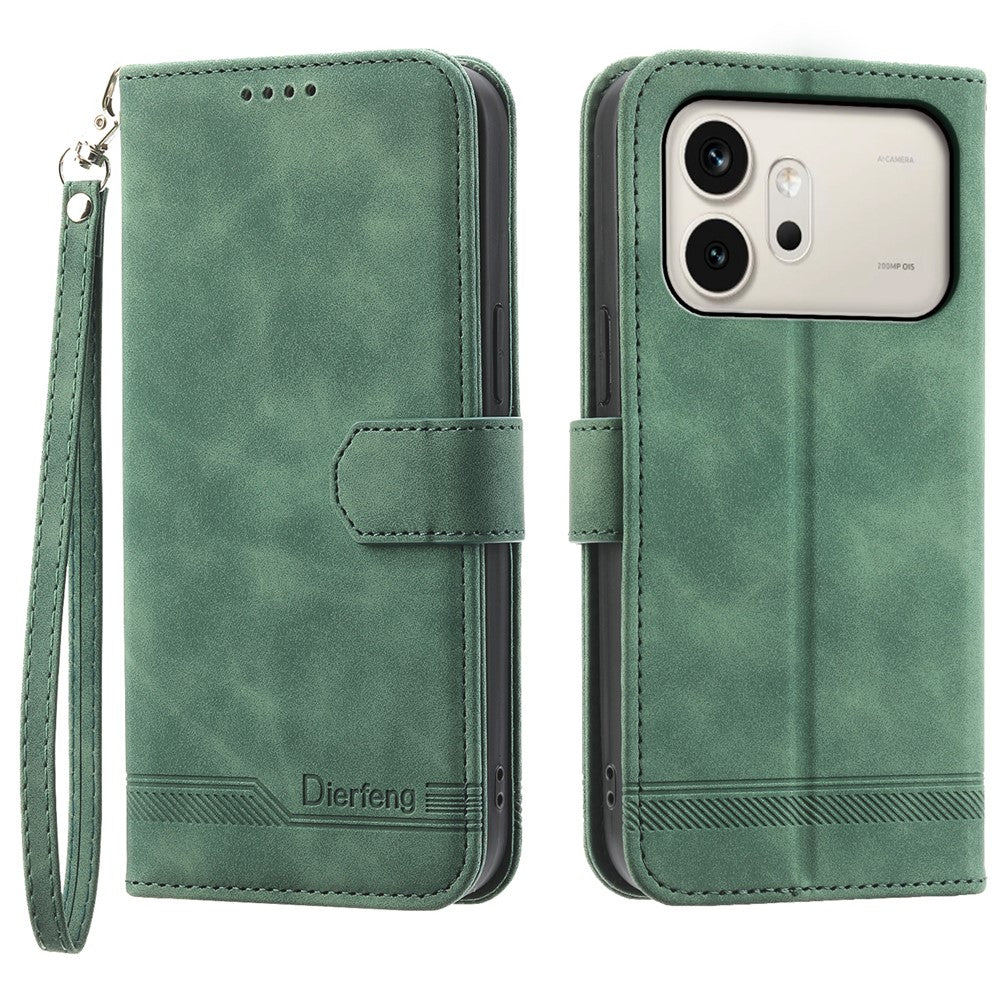 DIERFENG DF-03 For Honor 600 5G Leather Case Lines Imprint Wallet Phone Cover with Wrist Strap