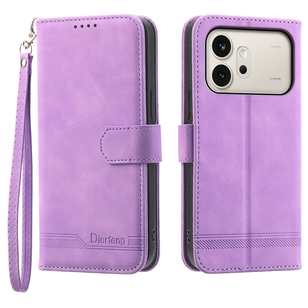 DIERFENG DF-03 For Honor 600 5G Leather Case Lines Imprint Wallet Phone Cover with Wrist Strap