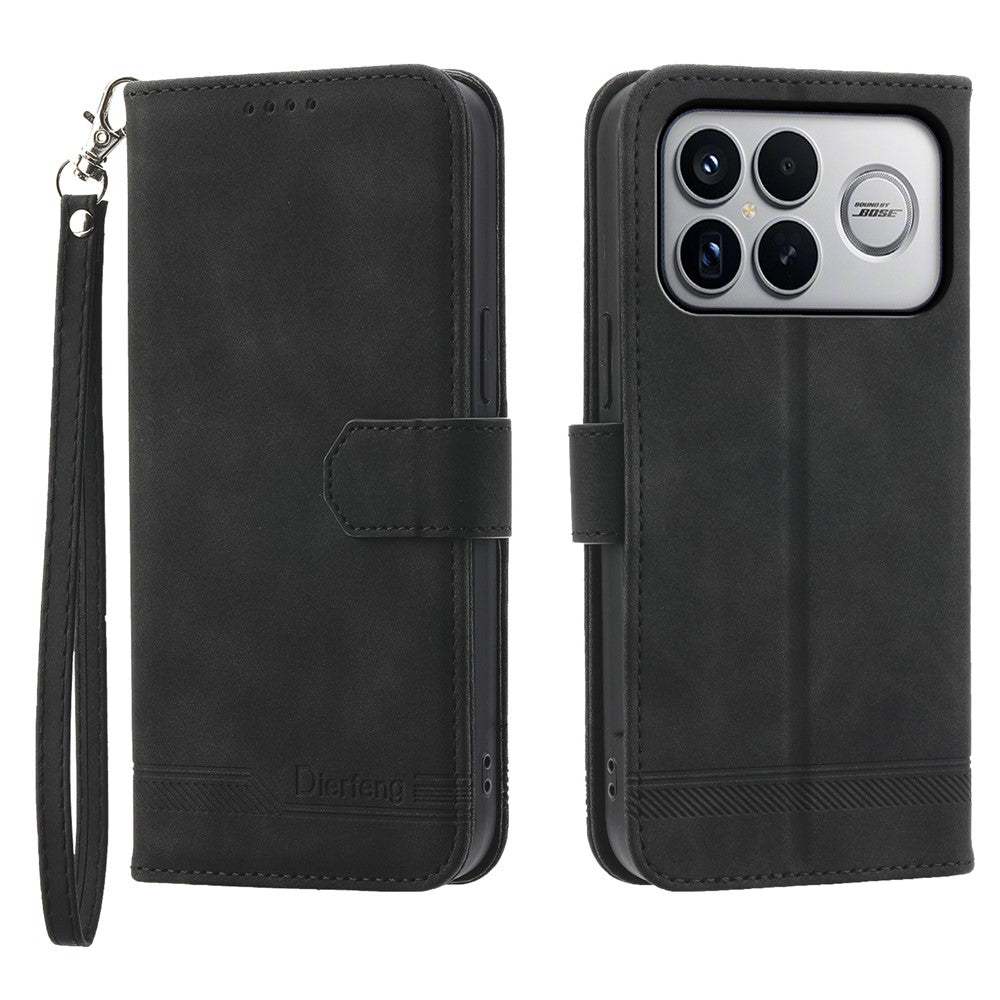 DIERFENG DF-03 For Xiaomi Poco F8 Ultra 5G / Redmi K90 Pro Max 5G Leather Case Lines Imprint Wallet Phone Cover with Wrist Strap