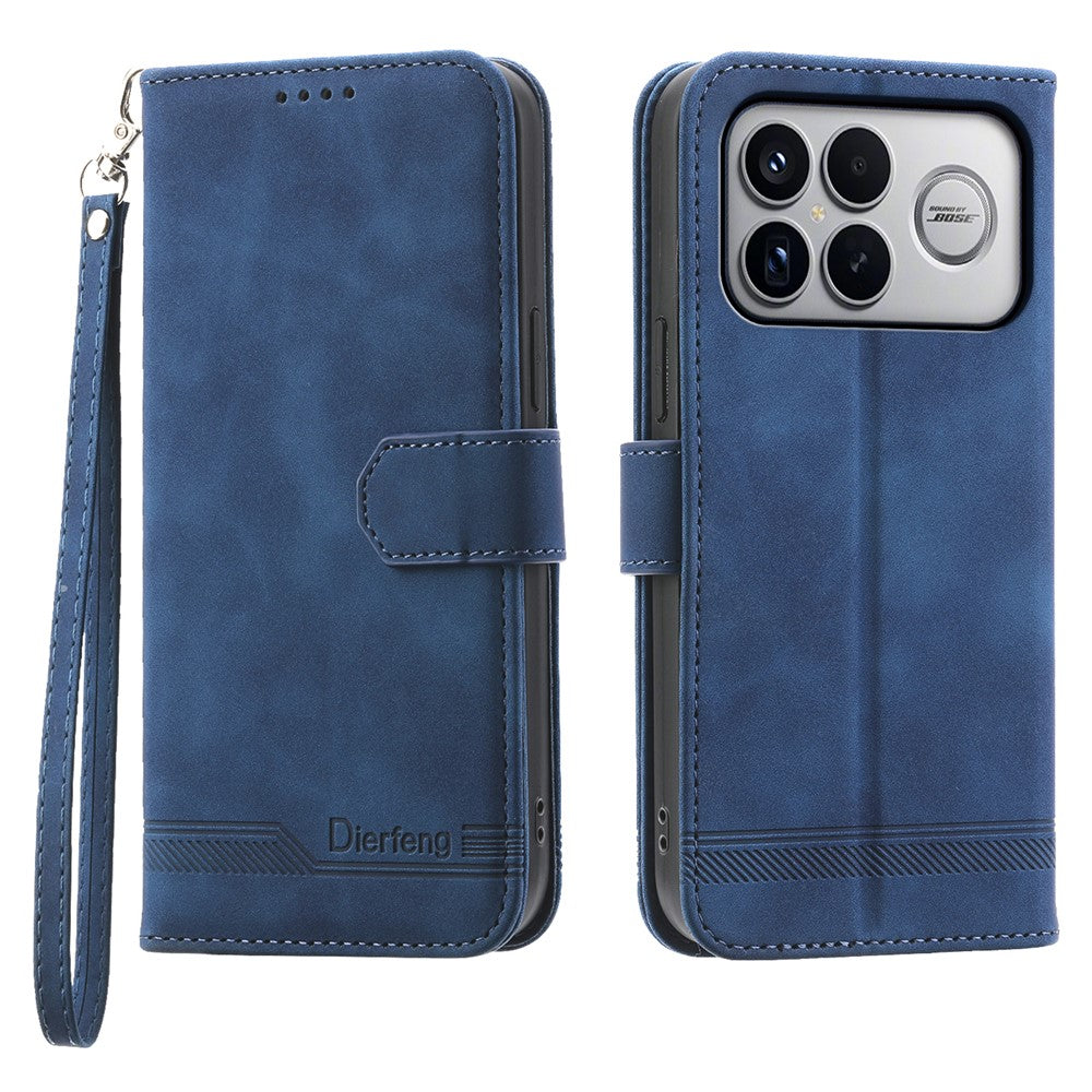 DIERFENG DF-03 For Xiaomi Poco F8 Ultra 5G / Redmi K90 Pro Max 5G Leather Case Lines Imprint Wallet Phone Cover with Wrist Strap