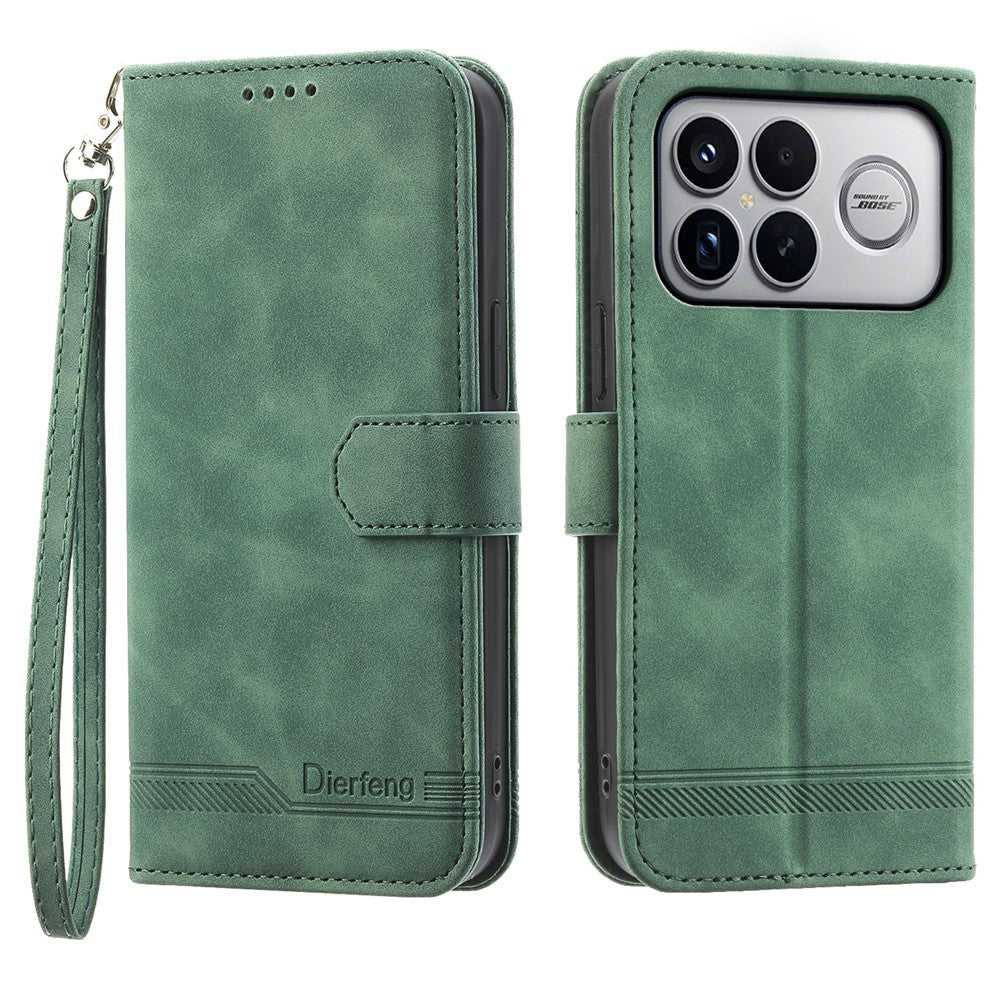 DIERFENG DF-03 For Xiaomi Poco F8 Ultra 5G / Redmi K90 Pro Max 5G Leather Case Lines Imprint Wallet Phone Cover with Wrist Strap