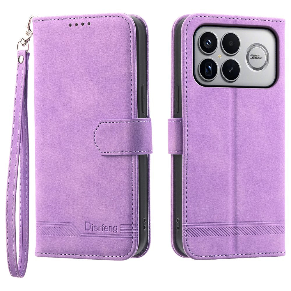 DIERFENG DF-03 For Xiaomi Poco F8 Ultra 5G / Redmi K90 Pro Max 5G Leather Case Lines Imprint Wallet Phone Cover with Wrist Strap