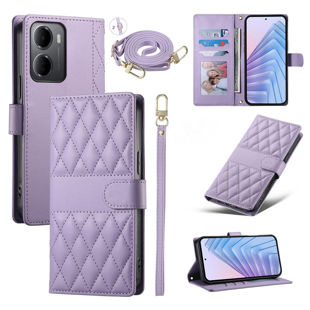 For Xiaomi Redmi 15a 5G Wallet Case Rhombus Stitching Stand Leather Phone Cover with Long   /   Short Strap