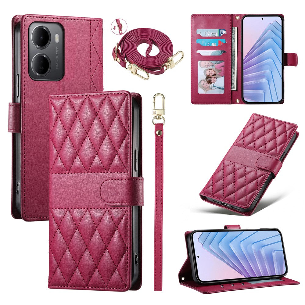 For Xiaomi Redmi 15a 5G Wallet Case Rhombus Stitching Stand Leather Phone Cover with Long   /   Short Strap