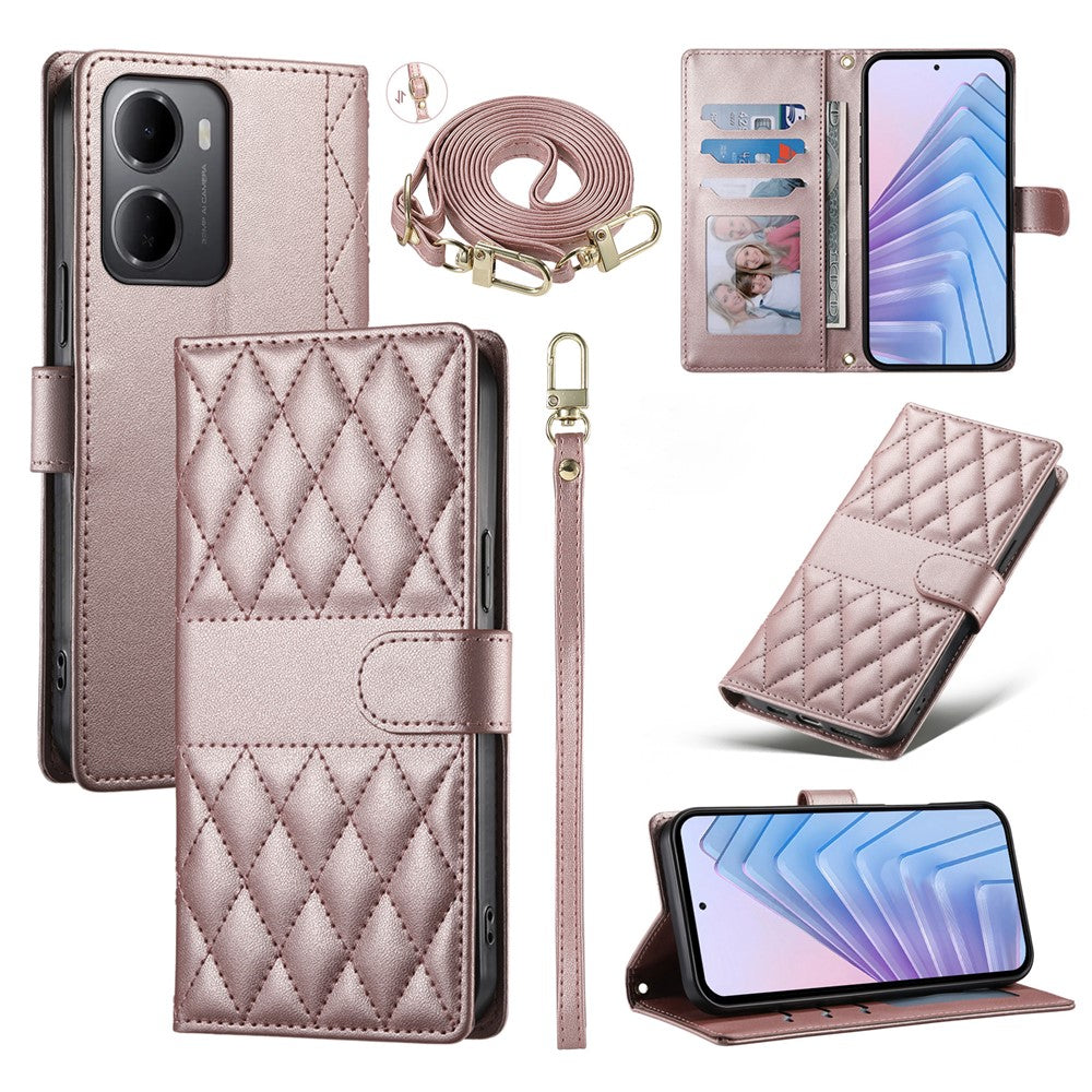 For Xiaomi Redmi 15a 5G Wallet Case Rhombus Stitching Stand Leather Phone Cover with Long   /   Short Strap