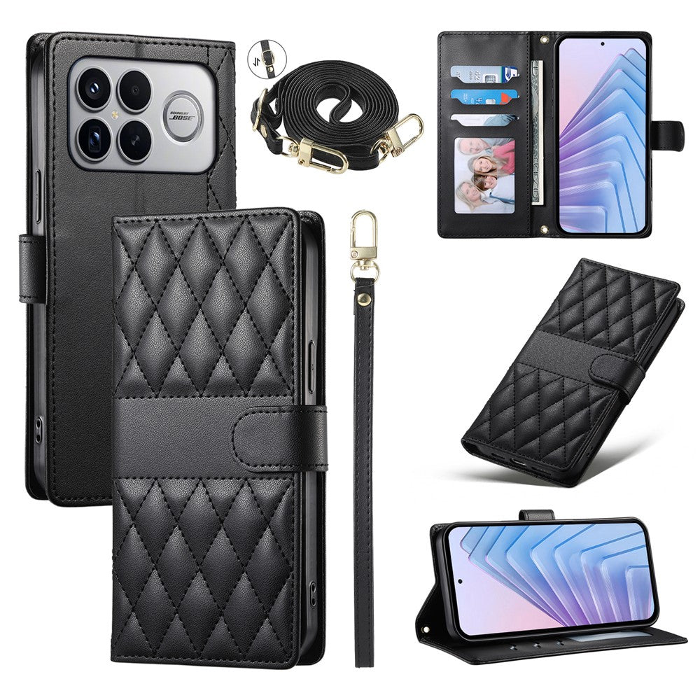 Xiaomi Poco F8 Ultra 5G / Redmi K90 Pro Max 5G Plånboksfodral Rhombus Sömnad Stativ Lädermobilfodral med Lång/Kort Rem
