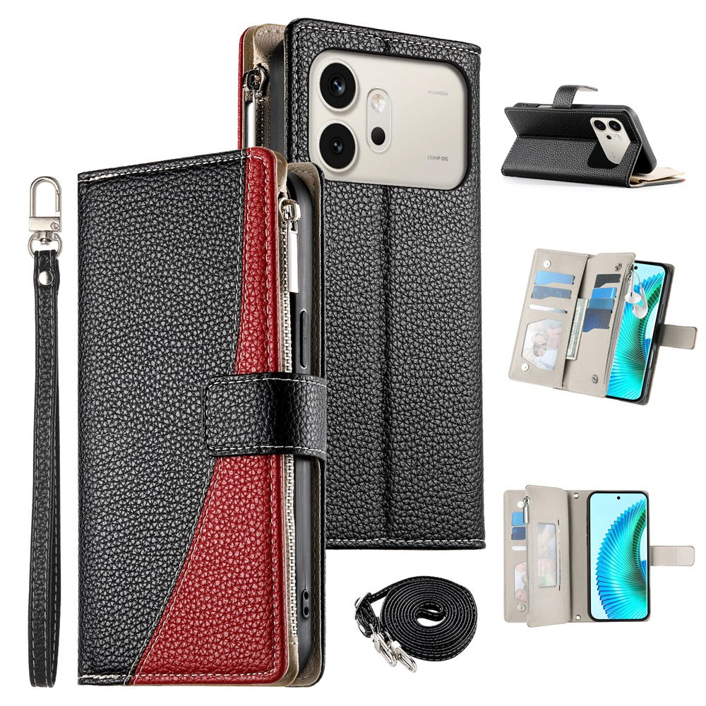 For Honor 600 5G Leather Case Zipper Wallet Color Splicing Flip Phone Cover with Straps