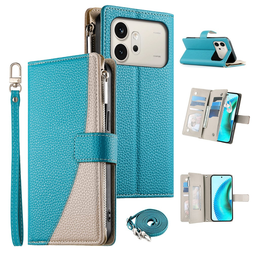 For Honor 600 5G Leather Case Zipper Wallet Color Splicing Flip Phone Cover with Straps