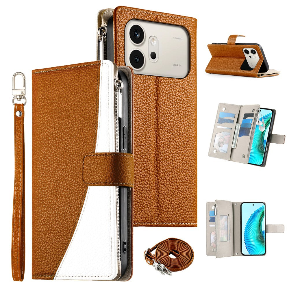 For Honor 600 5G Leather Case Zipper Wallet Color Splicing Flip Phone Cover with Straps